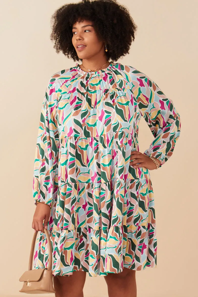 Abstract Floral Tiered Ruffle Neck Satin Dress Lounge Ready