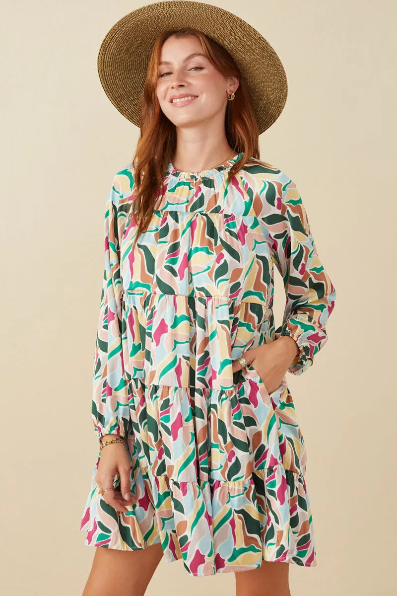 Bright Vibe Fluid movement Abstract Floral Tiered Ruffle Neck Satin Dress