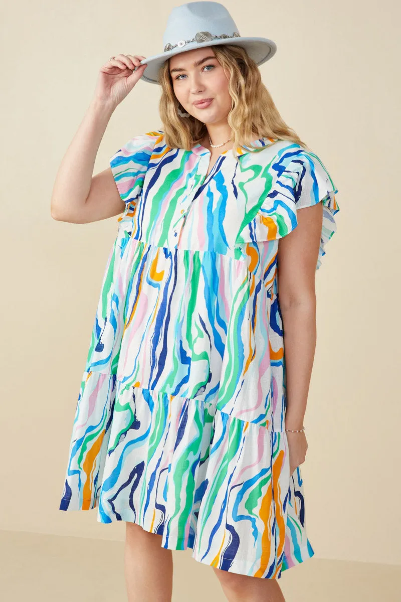 Smart Look Statement Mood Abstract Lines Button Detail Ruffle Sleeve Dress