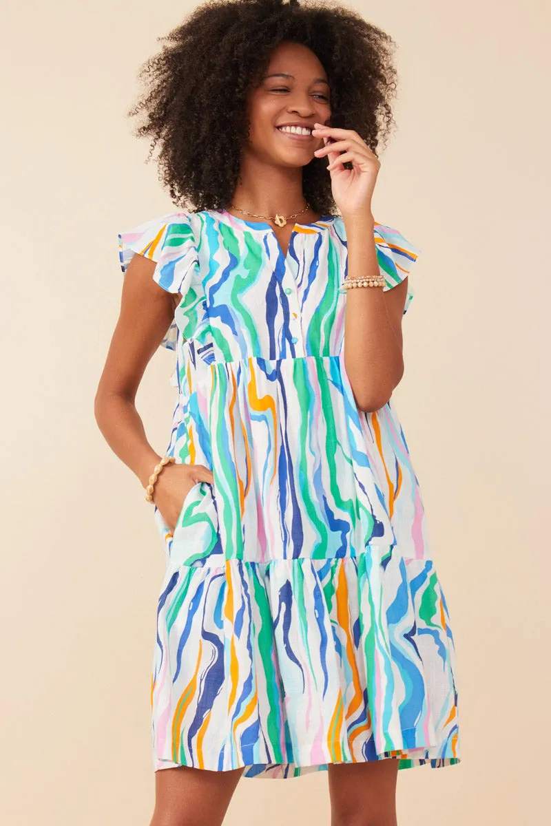 Abstract Lines Button Detail Ruffle Sleeve Dress Spring Vibes Smart Comfort