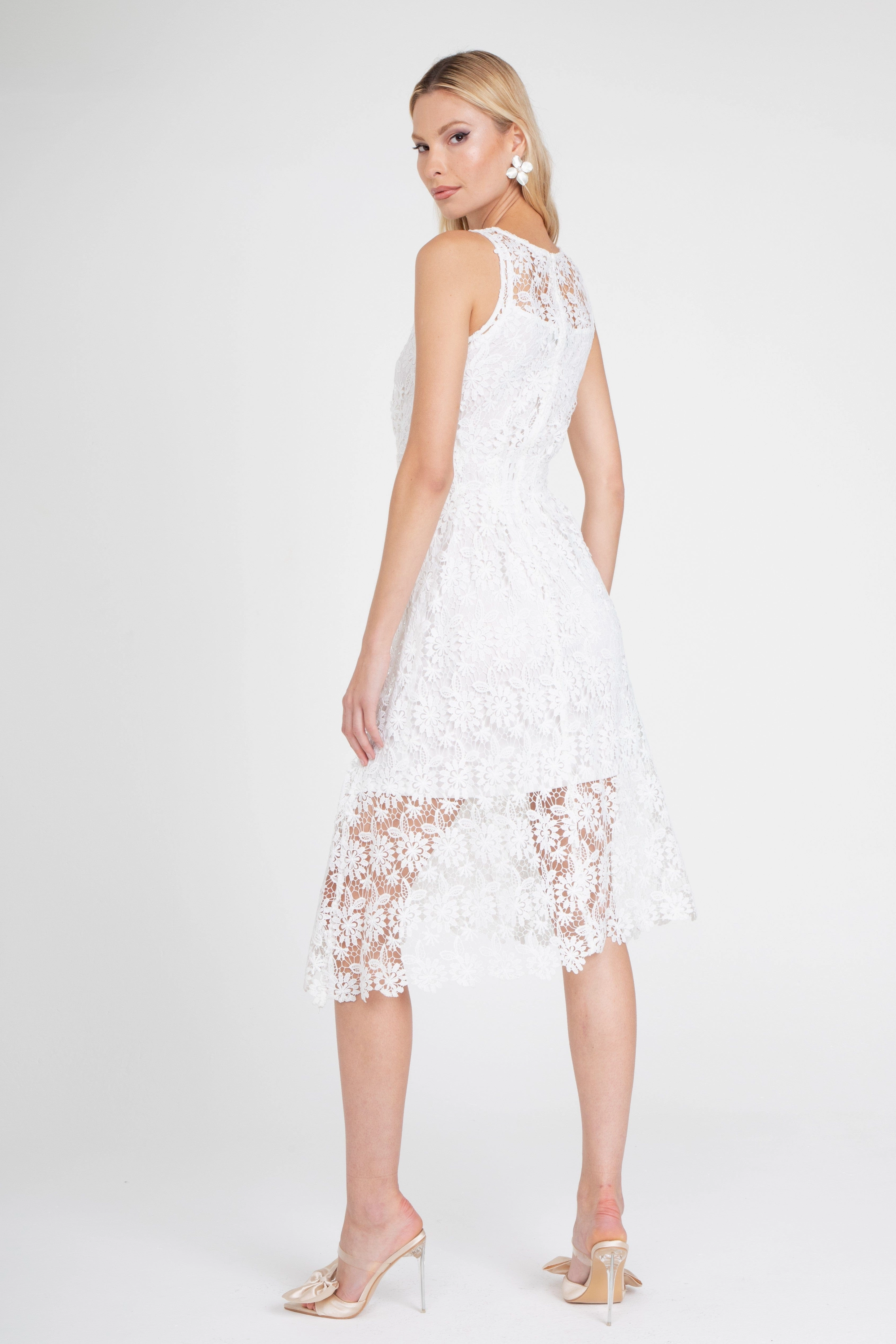 Abstract art White Lace Midi Dress with Slip