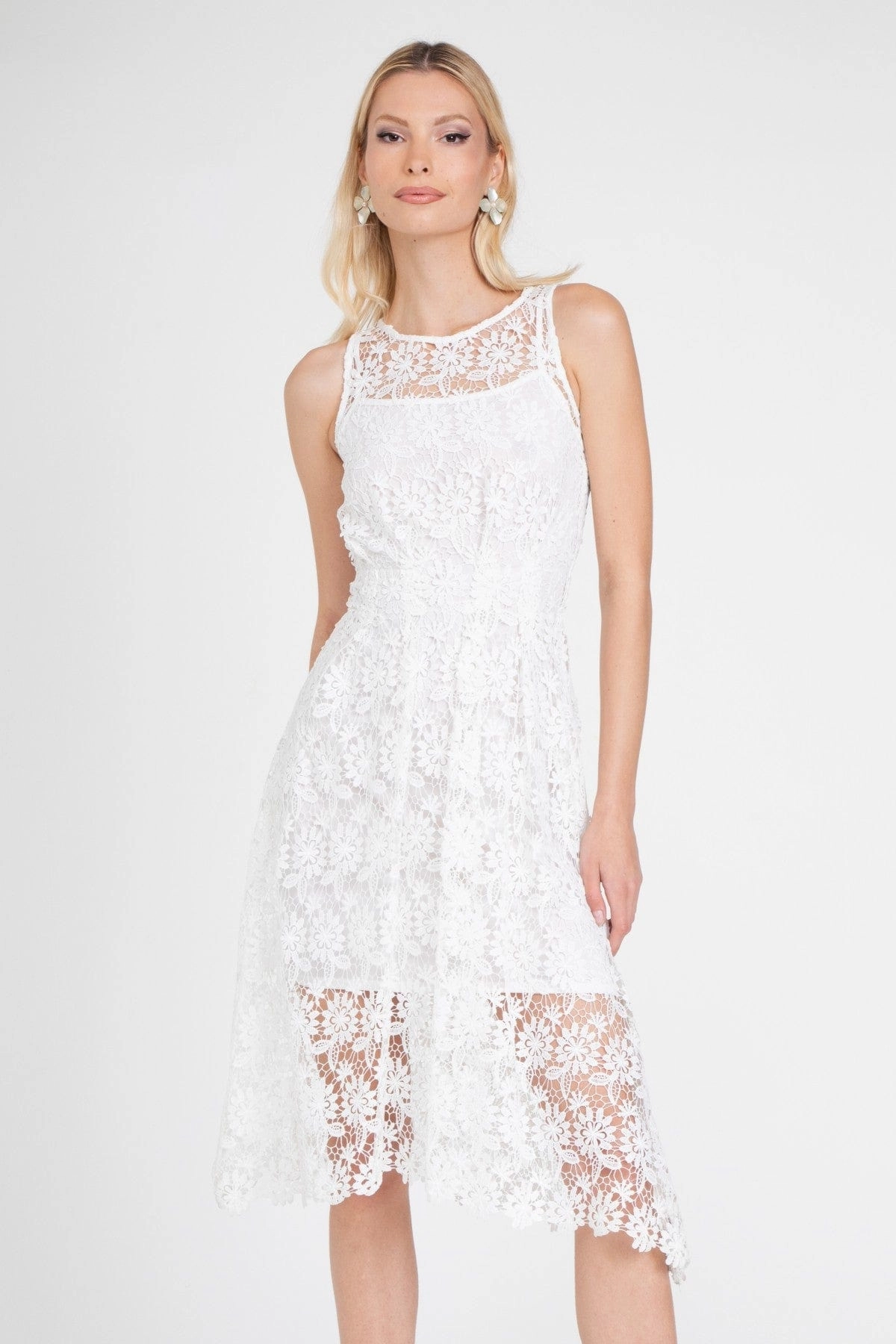 Abstract art White Lace Midi Dress with Slip