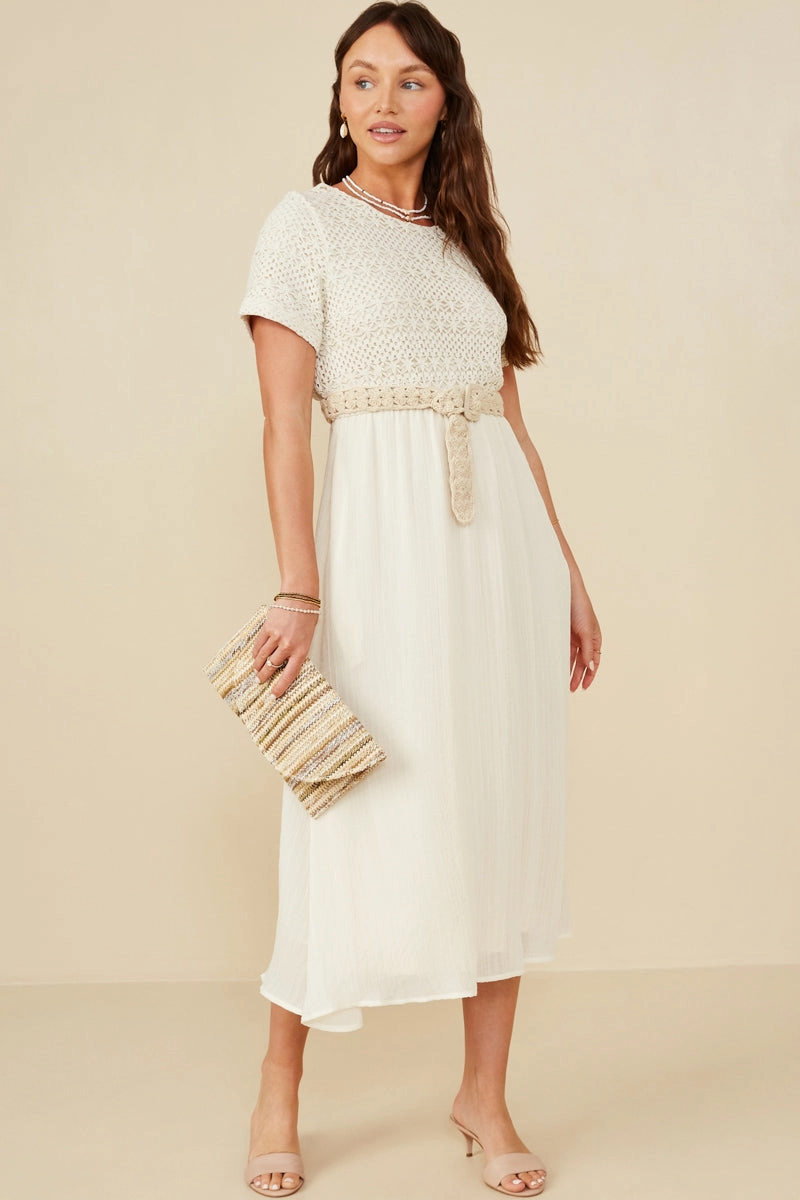 Modern Classic Front-Pocket Crochet Mix Media Midi Dress