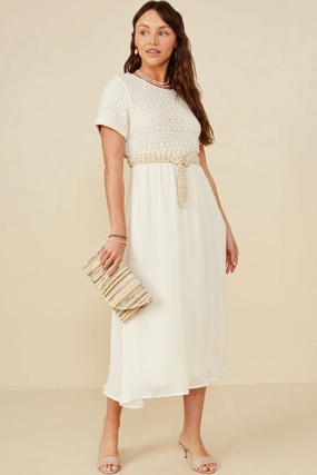 Modern Classic Front-Pocket Crochet Mix Media Midi Dress