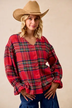 Contrast Trim IT4361G-06 | CHRISTMAS PLAID V-NECK ELASTIC RUFFLE CARDIGAN TOP
