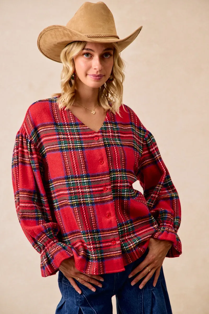 Contrast Trim IT4361G-06 | CHRISTMAS PLAID V-NECK ELASTIC RUFFLE CARDIGAN TOP