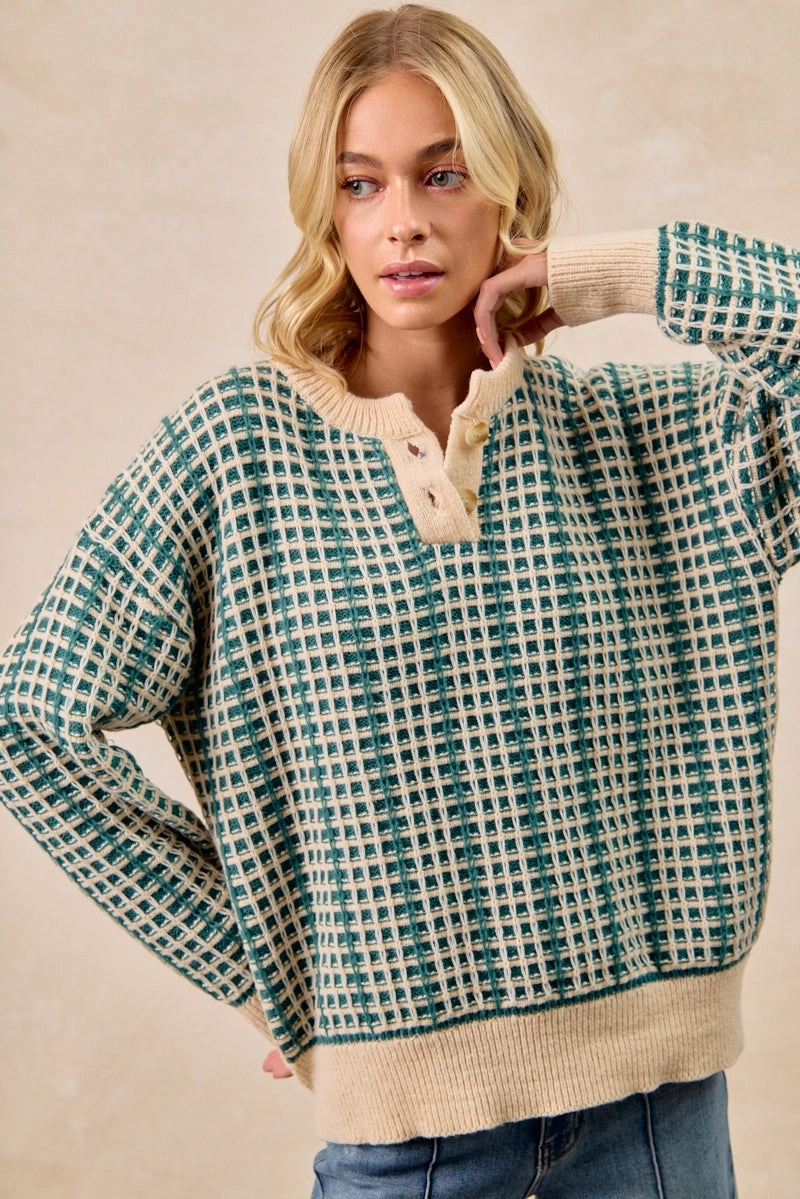 IT4598K-01 | TWO TONE CHECKERED QUARTER BUTTON SWEATER TOP Breathable Material