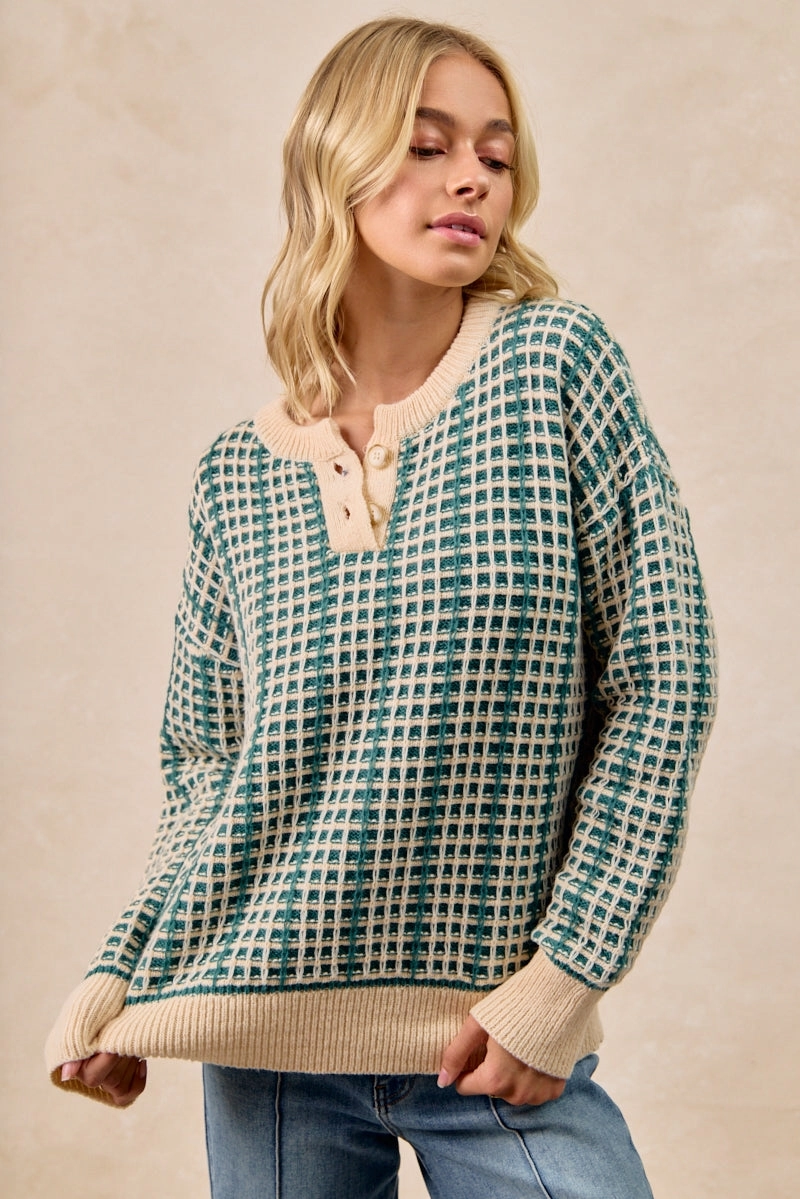 IT4598K-01 | TWO TONE CHECKERED QUARTER BUTTON SWEATER TOP Stretch Ready Simple Fit
