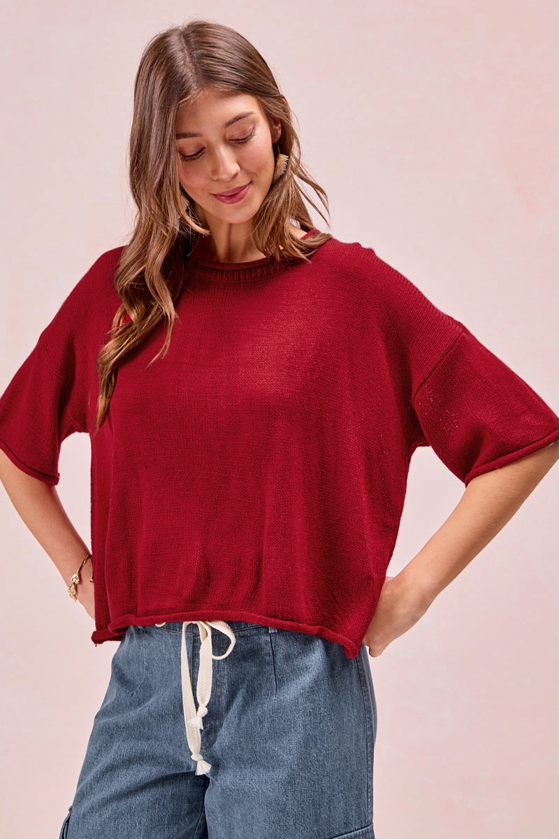 Insulated Warmth IT4399-01P | SOLID KNIT ROLL UP DETAIL SHORT SLEEVES TOP