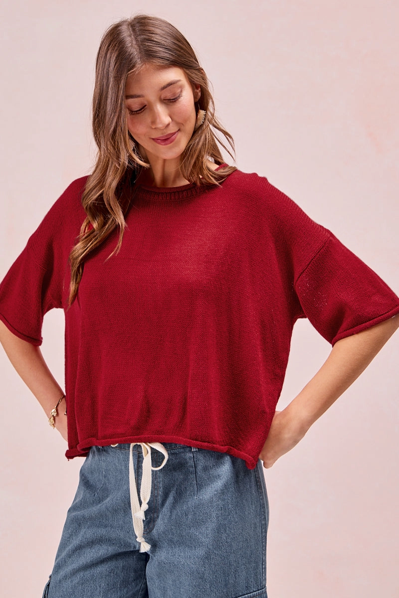IT4399-01P | SOLID KNIT ROLL UP DETAIL SHORT SLEEVES TOP Functional Pocket