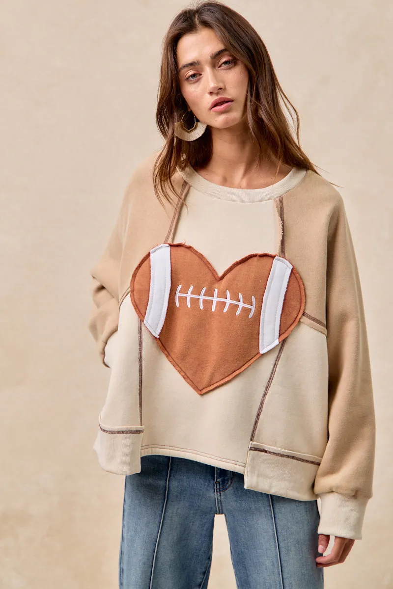 Multi Use Piece IT4463G-03 | GAMEDAY HEART FOOTBALL PATCHWORK FLEECE SWEATSHIRT