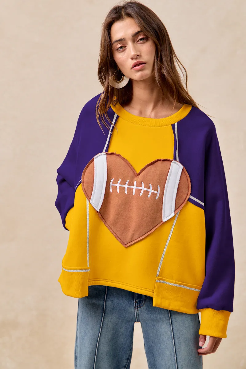 IT4463G-03 | GAMEDAY HEART FOOTBALL PATCHWORK FLEECE SWEATSHIRT Sleek Utility Effortless Travel Wear