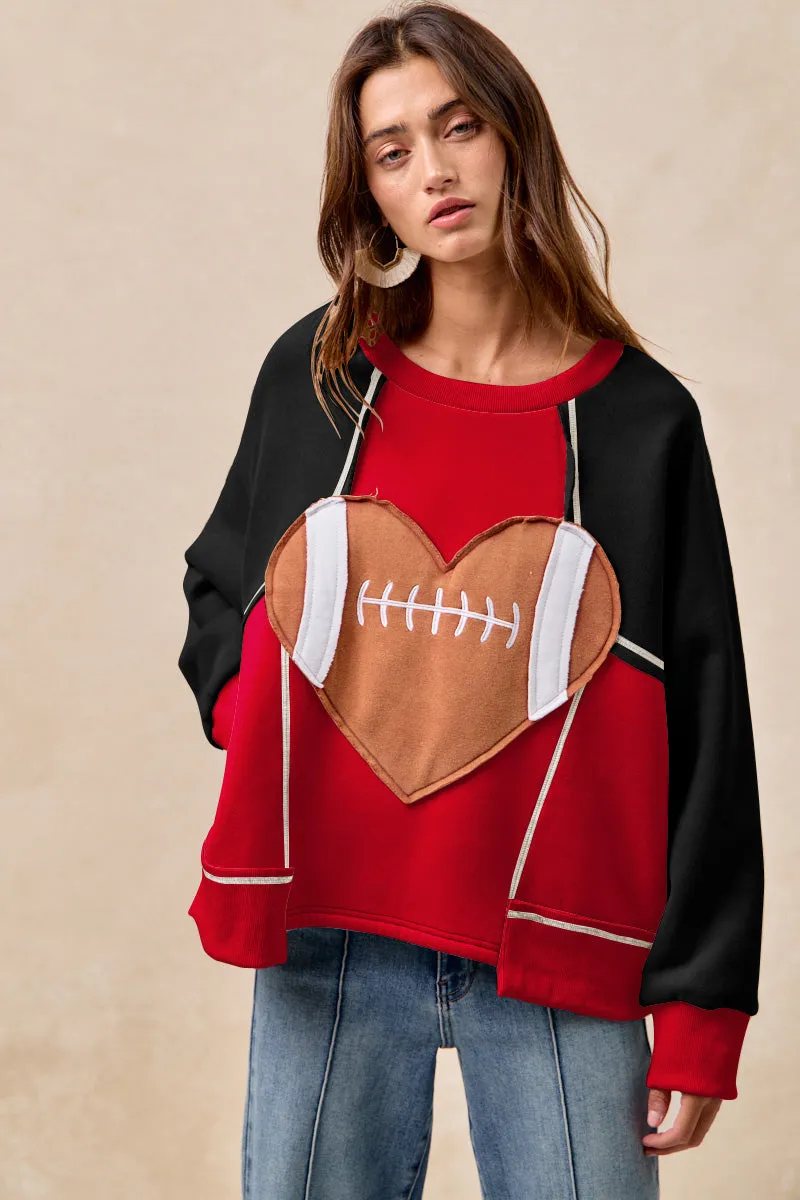 Breezy Layer Option Waist String IT4463G-03 | GAMEDAY HEART FOOTBALL PATCHWORK FLEECE SWEATSHIRT