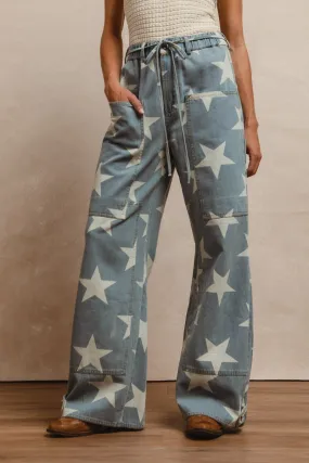 IB1544R-02 | WASHED STAR DENIM WAIST TIE LONG PANTS Stretch Comfort
