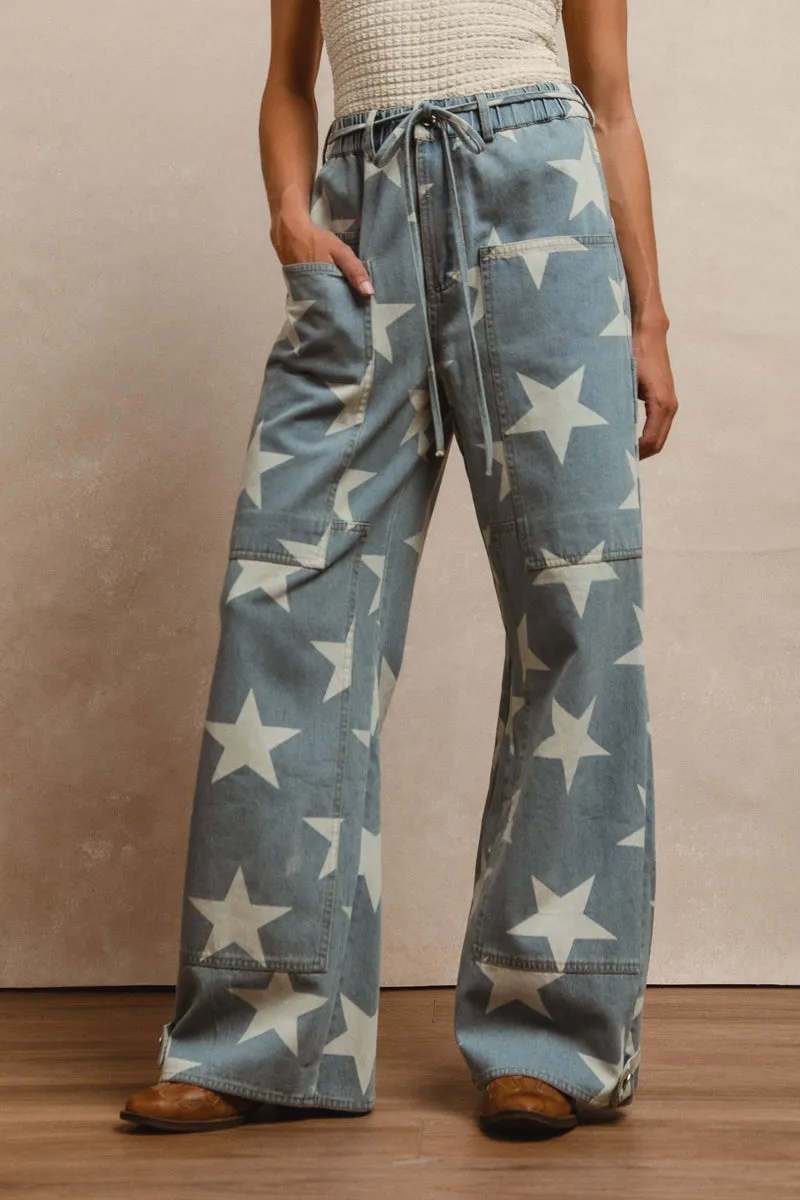 Perfect Stretch Stylish Comfort IB1544R-02 | WASHED STAR DENIM WAIST TIE LONG PANTS