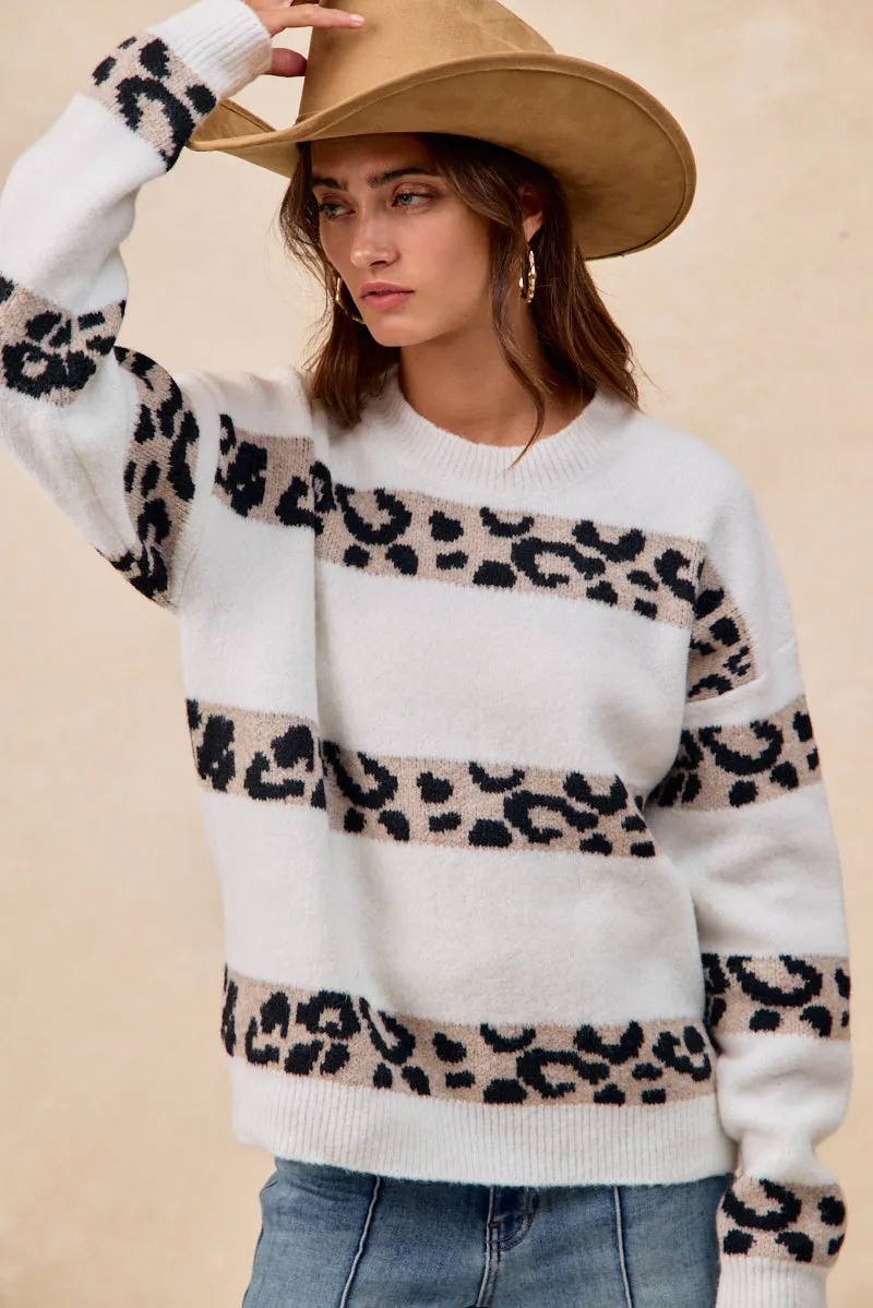 Casual chic IT4807-01 | LEOPARD ARTWORK STRIPED SWEATER TOP