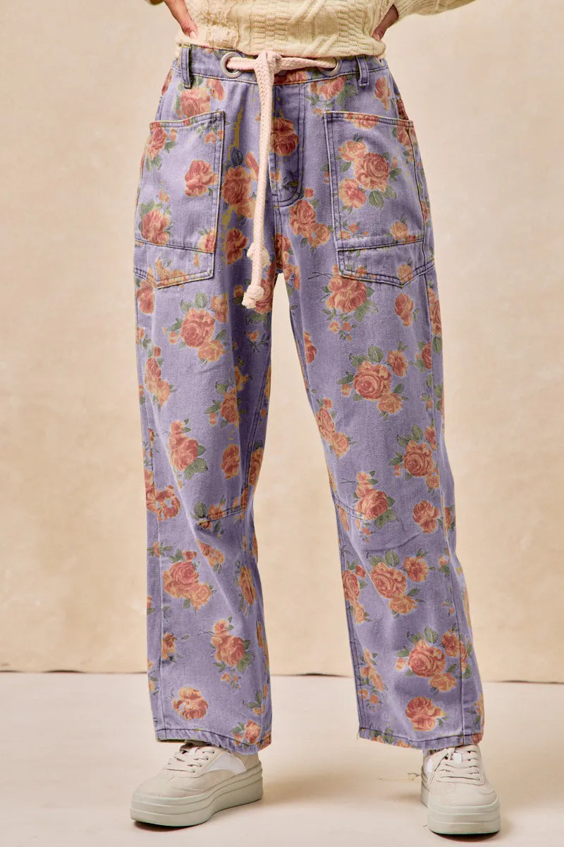 IB1537G-16 | BRAIDED WAIST BELT PATCH POCKETS FLORAL PRINT PANT Nylon Cover