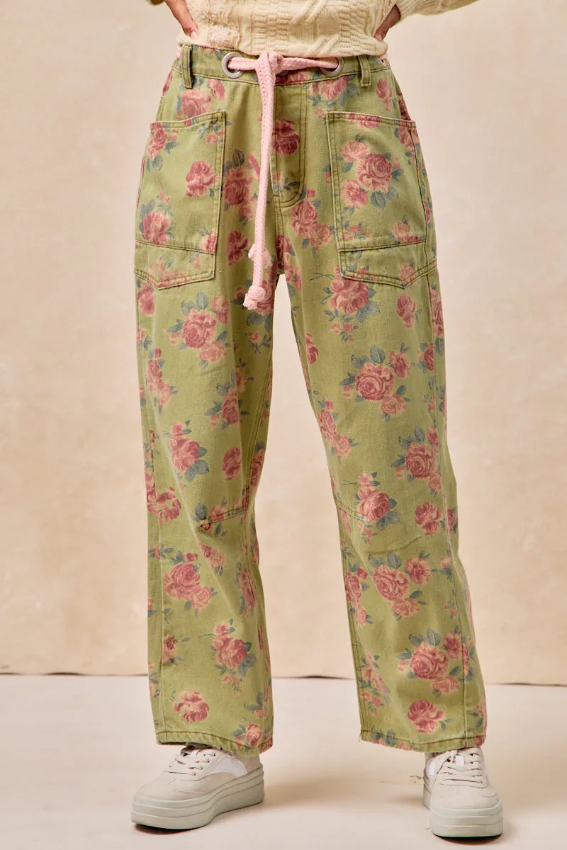 IB1537G-16 | BRAIDED WAIST BELT PATCH POCKETS FLORAL PRINT PANT Compact Layer All Day Wear
