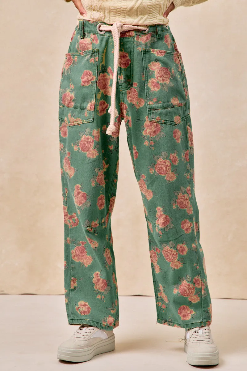 IB1537G-16 | BRAIDED WAIST BELT PATCH POCKETS FLORAL PRINT PANT Urban Explorer Look Embellished Trim