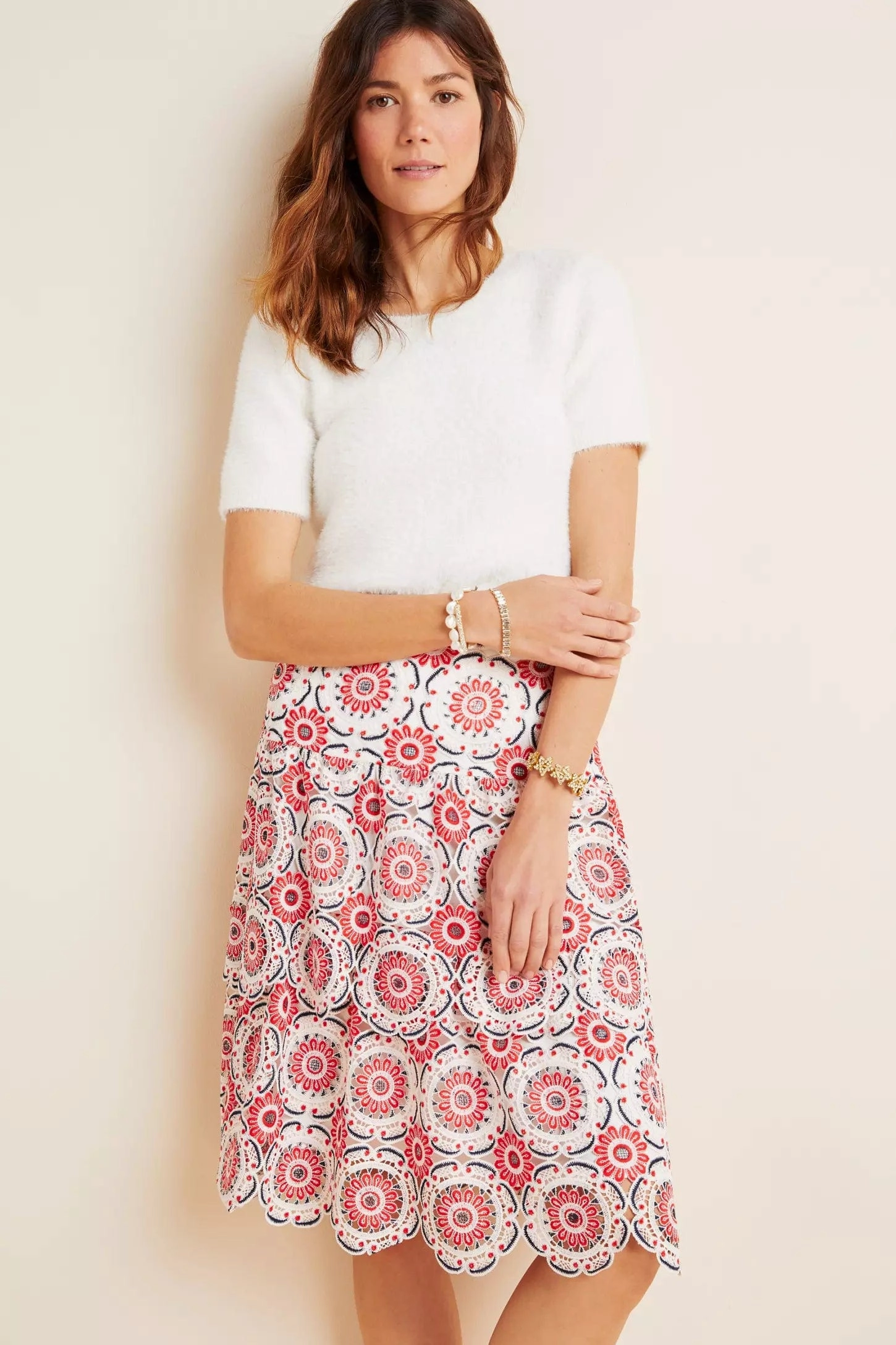 Airy Draping Brynn Embroidered Lace Midi Skirt