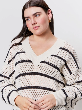 Airy Openwork Sweater Chalk Black Stripe Extended Sizing Vacation Style Minimalist