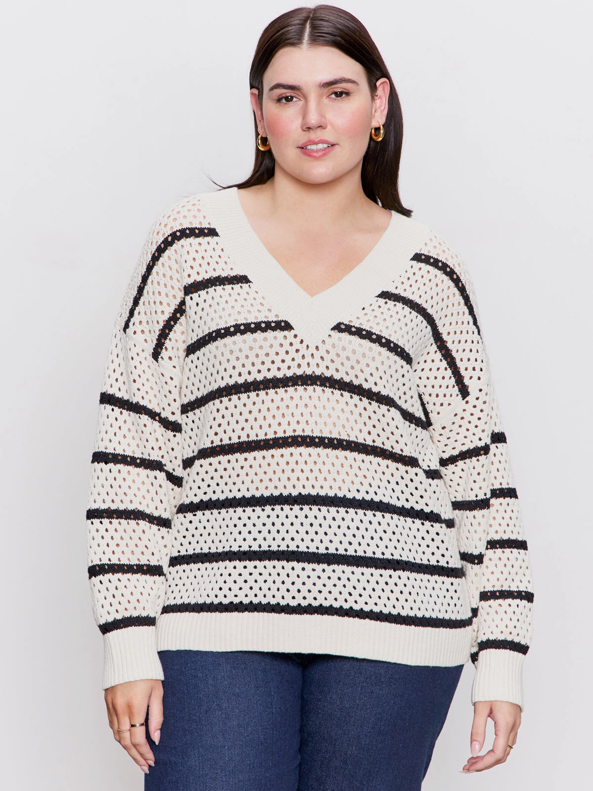 Airy Openwork Sweater Chalk Black Stripe Extended Sizing Cozy Look