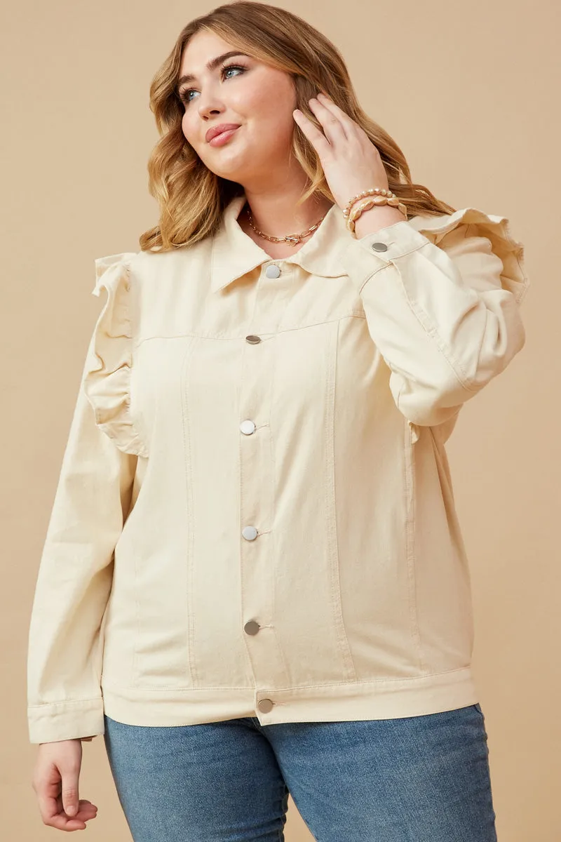 Subtle Color Tone Transitional Wear Ruffled Shoulder Twill Jacket