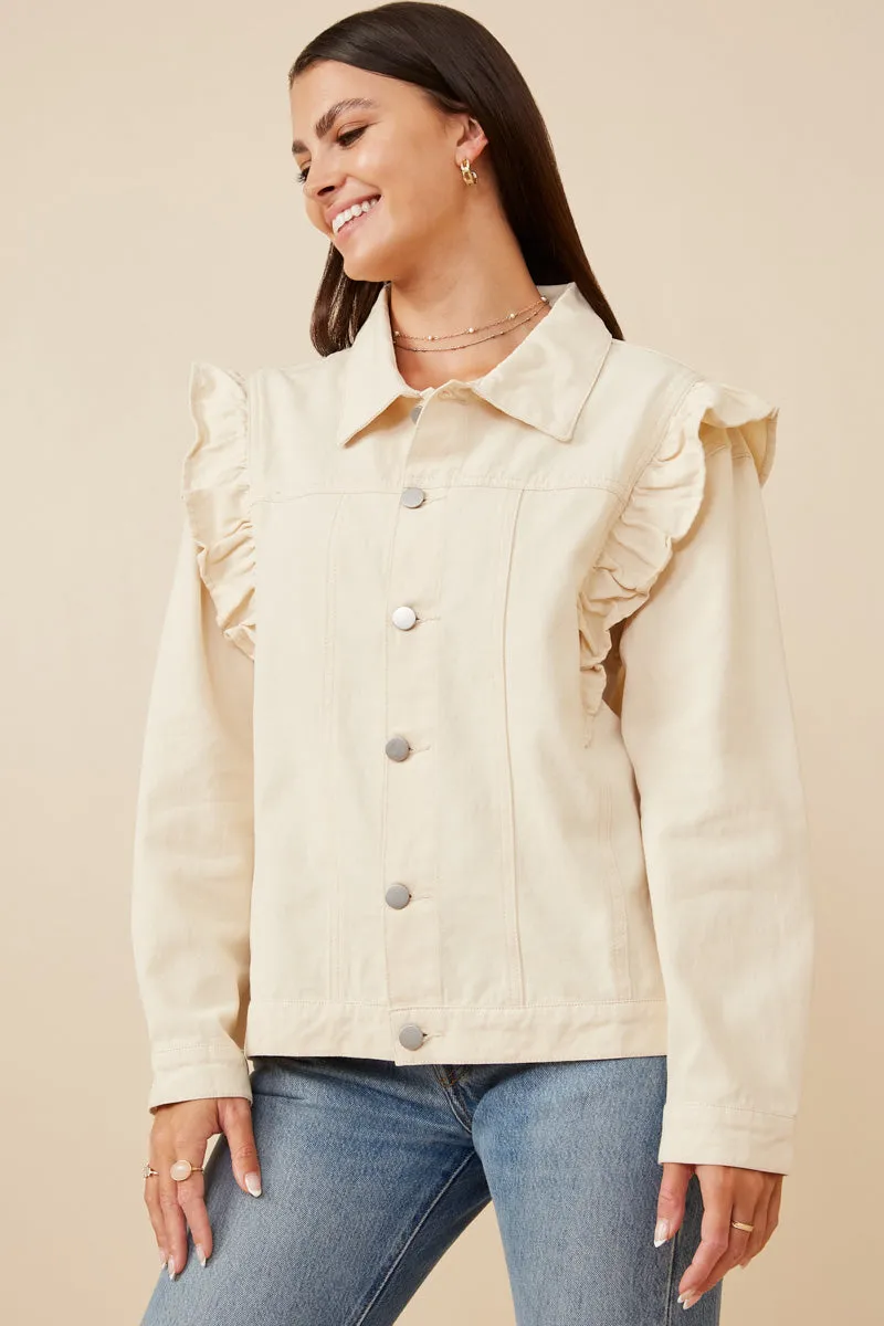 Relaxed City Style Ruffled Shoulder Twill Jacket