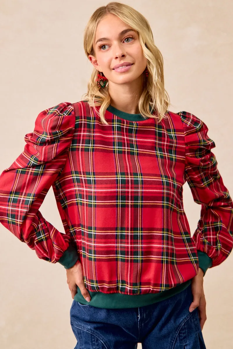 Hidden pockets High-waisted fit IT4360G-04 | CHRISTMAS PLAID EXAGGERATED SHOULDER SLEEVES TOP