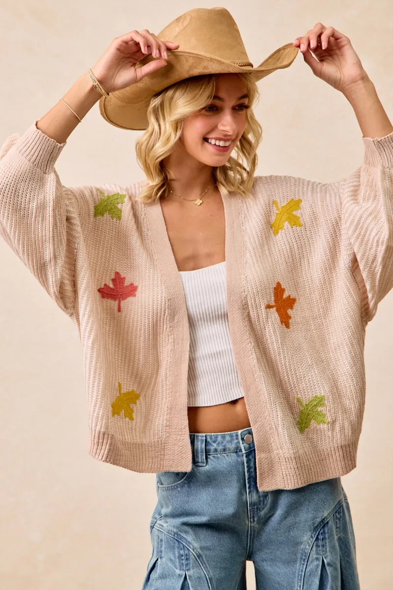 Relaxed Fit IT4665S-02 | TWO TONE KNIT CARDIGAN WITH LEAF PATCHES