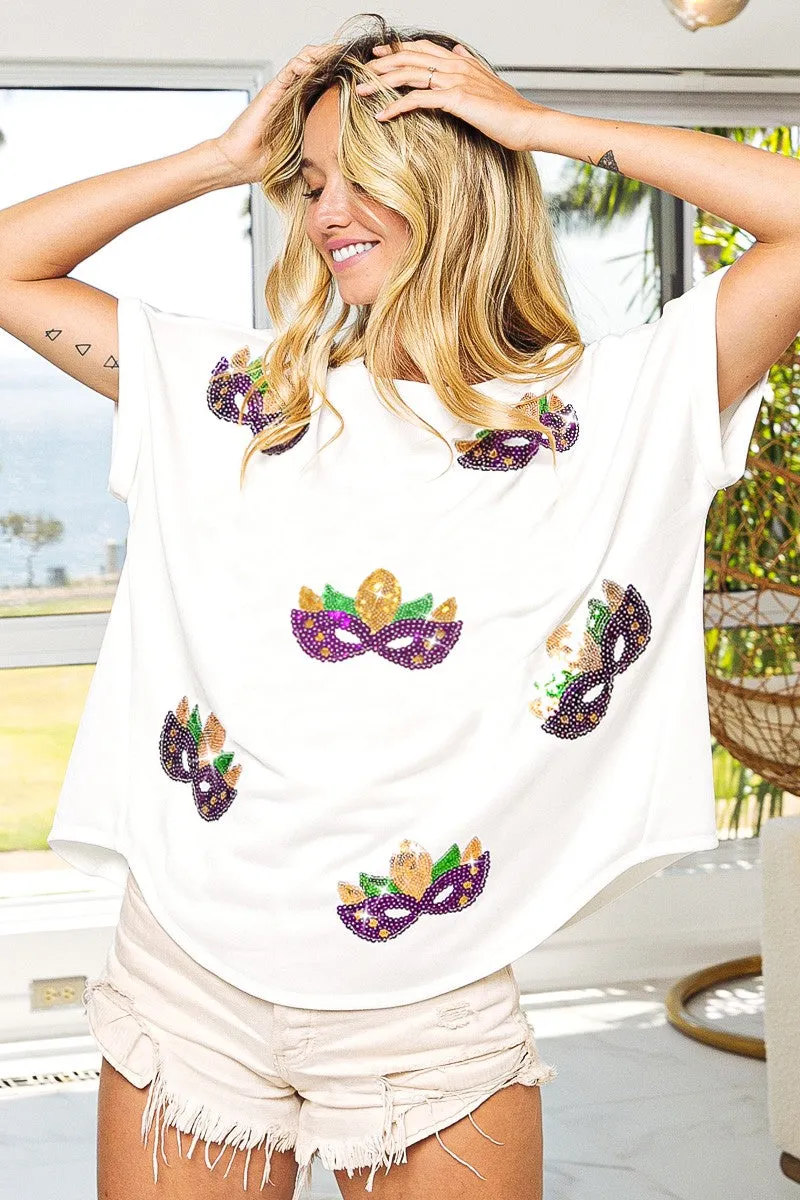 IP8188-16 | MARDI GRAS MASK SEQUIN PATCHES SHORT SLEEVE TOP Basic Layers