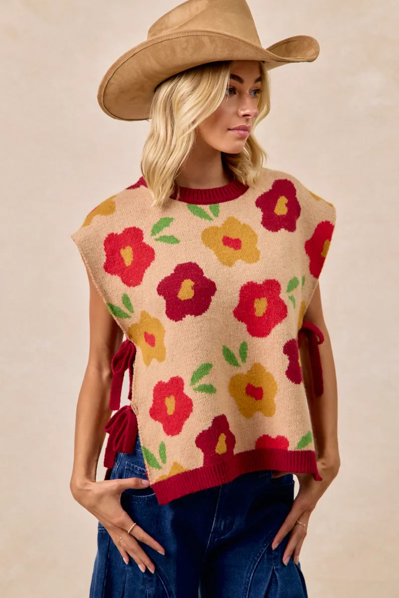 IT3515G-13 | FLORAL PATTERN SIDE TIED SWEATER VEST Autumn Vibe