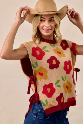 City Walking Style IT3515G-13 | FLORAL PATTERN SIDE TIED SWEATER VEST