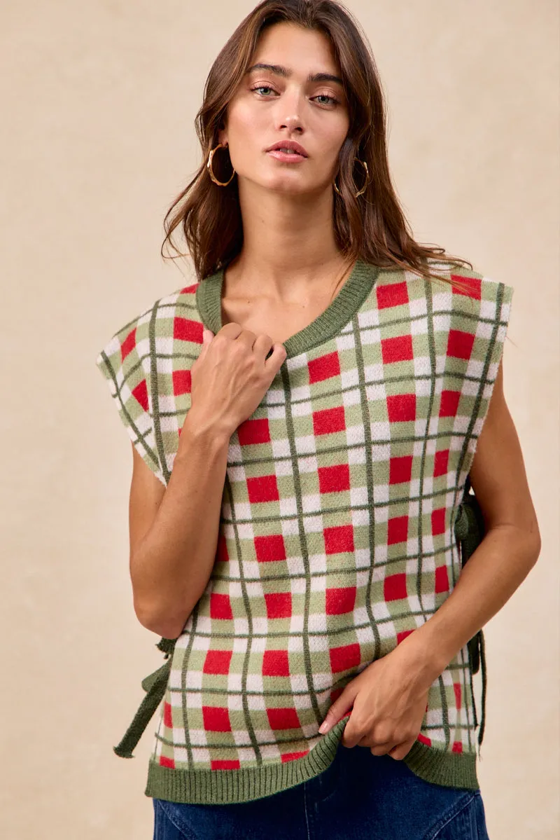 Effortless Look IT3515G-15 | CHRISTMAS PLAID PATTERN SIDE TIED SWEATER VEST