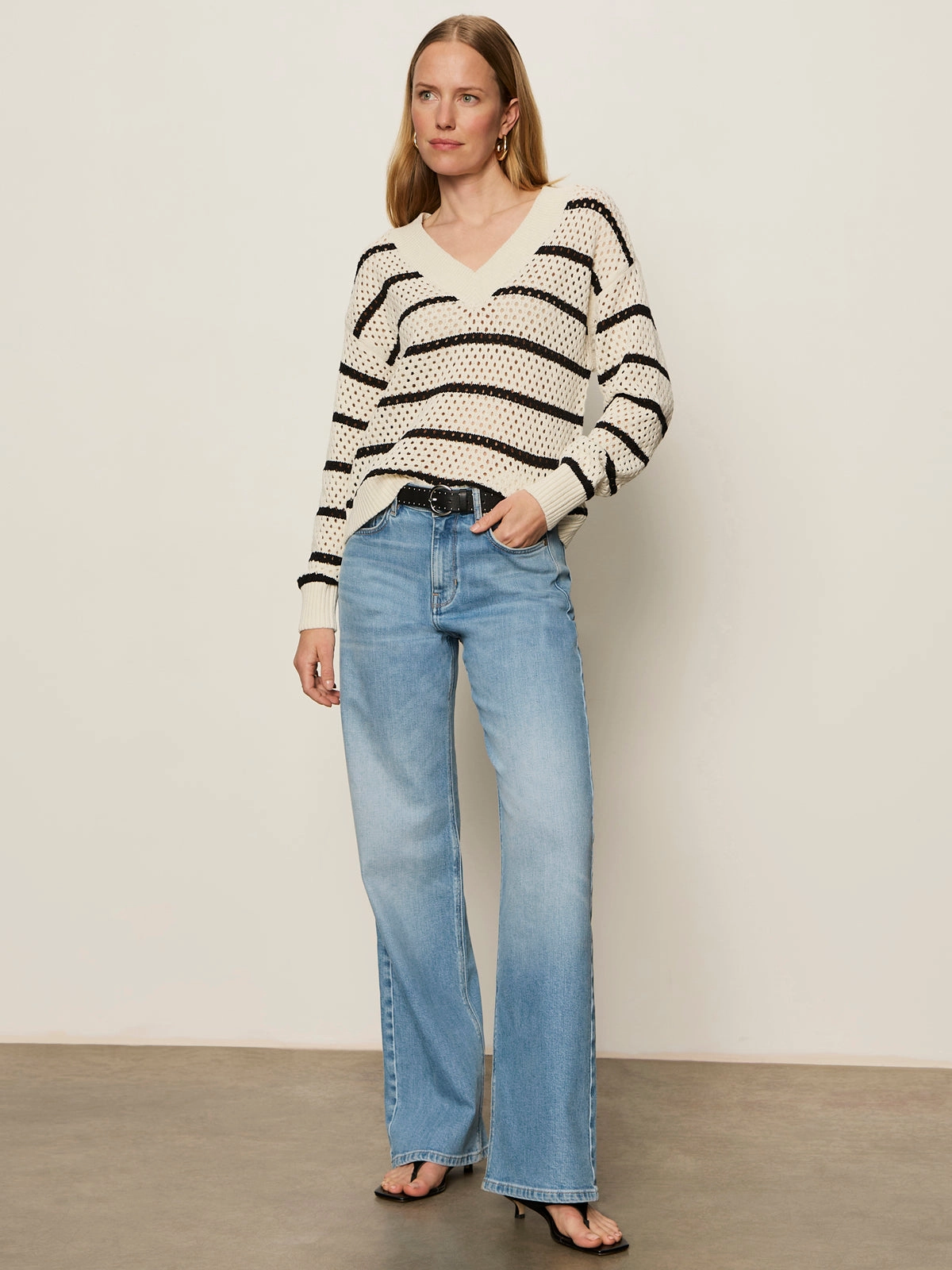 All-day Comfort Airy Openwork Sweater Chalk Black Stripe