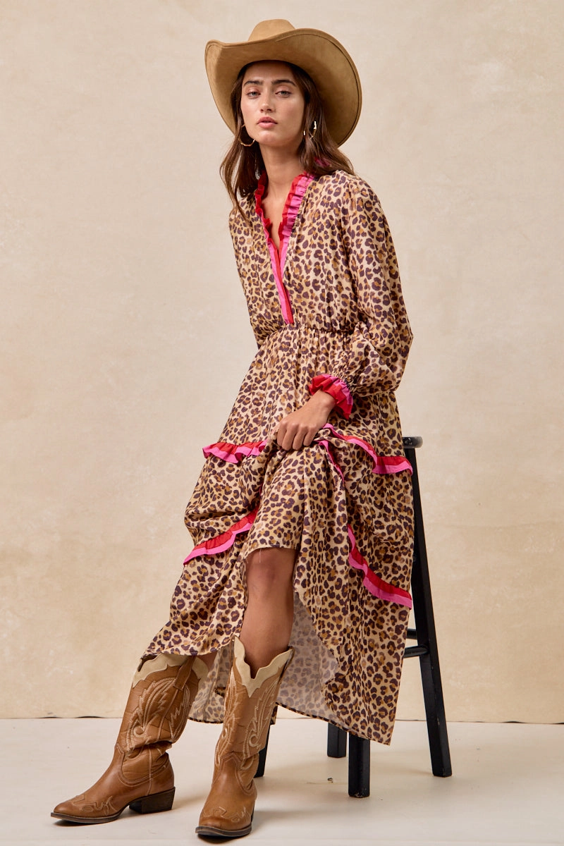 ID2047-01 | LEOPARD PRINTED MIDI DRESS WITH STRIPE EDGED Easy Movement Quick Pack