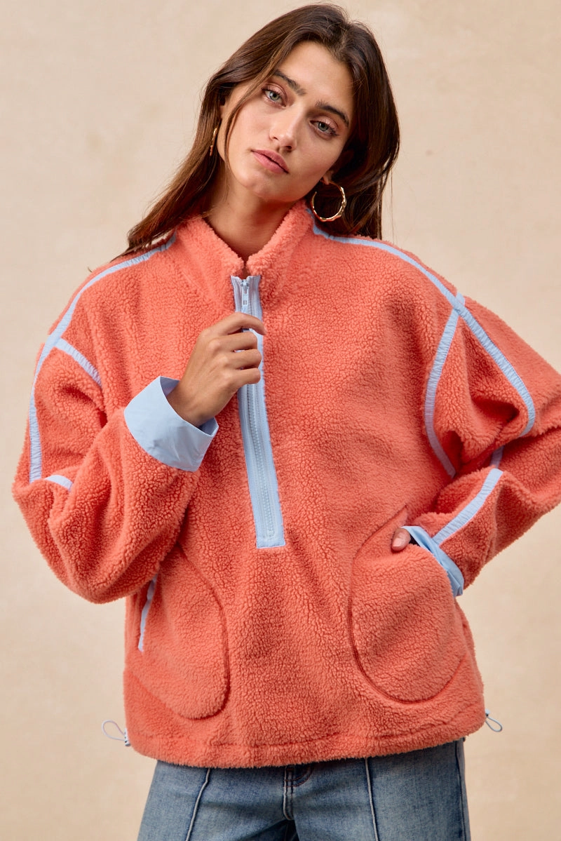 Commuter Friendly Look IT1542-01 | CONTRAST EDGE HALF ZIP UP SHERPA JACKET