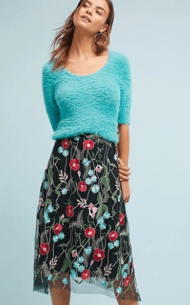 All weather Embroidered Black Floral Skirt