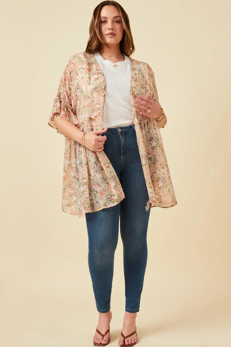 Antique Romantic Floral Ruffle Sleeve Open Kimono Practical Everyday Fit Travel Commuter Layer