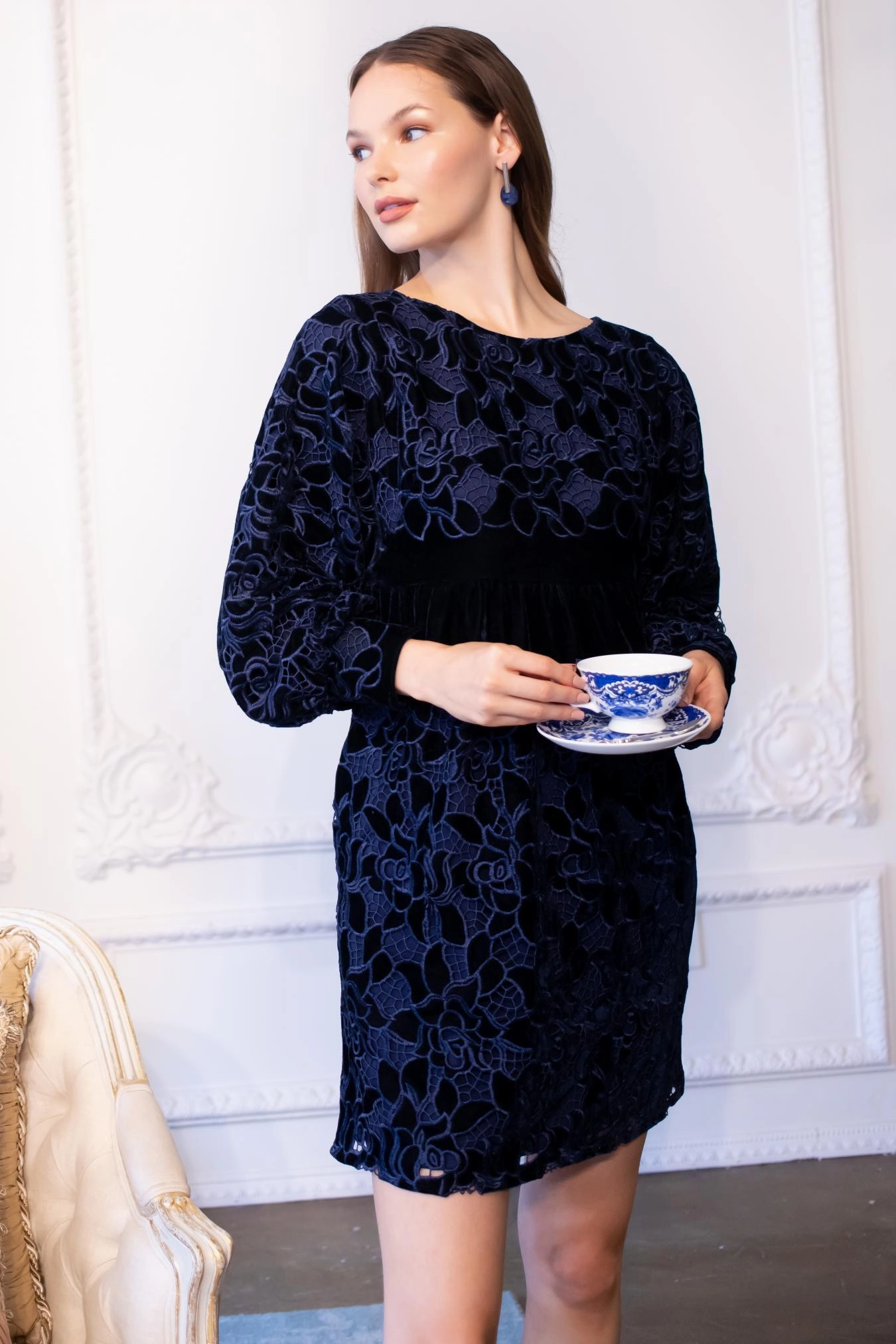 Antonia Dress - Navy Petal Velvet Designer Select