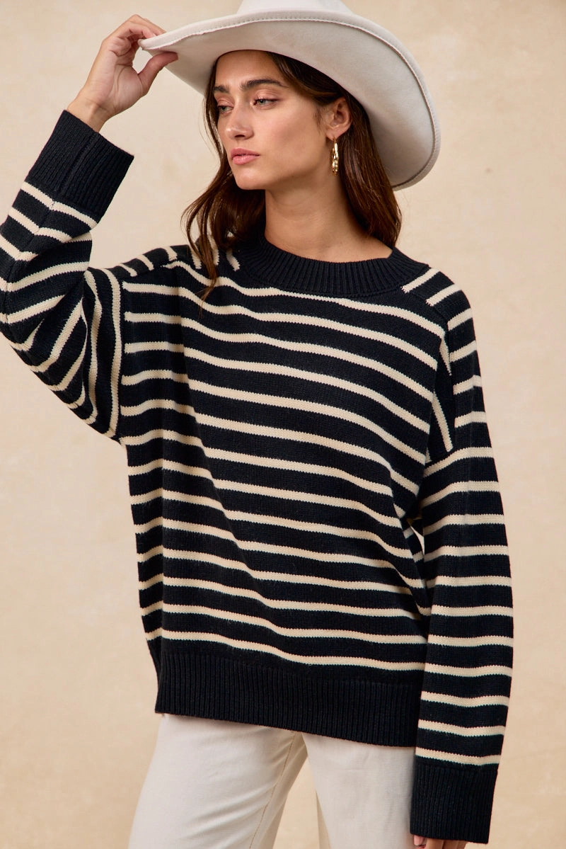 IT4864-01 | STRIPED MOCK NECK SWEATER TOP WITH RAGLAN SLEEVES Bow-Detail Regular-fit