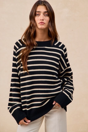 IT4864-01 | STRIPED MOCK NECK SWEATER TOP WITH RAGLAN SLEEVES Versatile Wear Printed-Lining