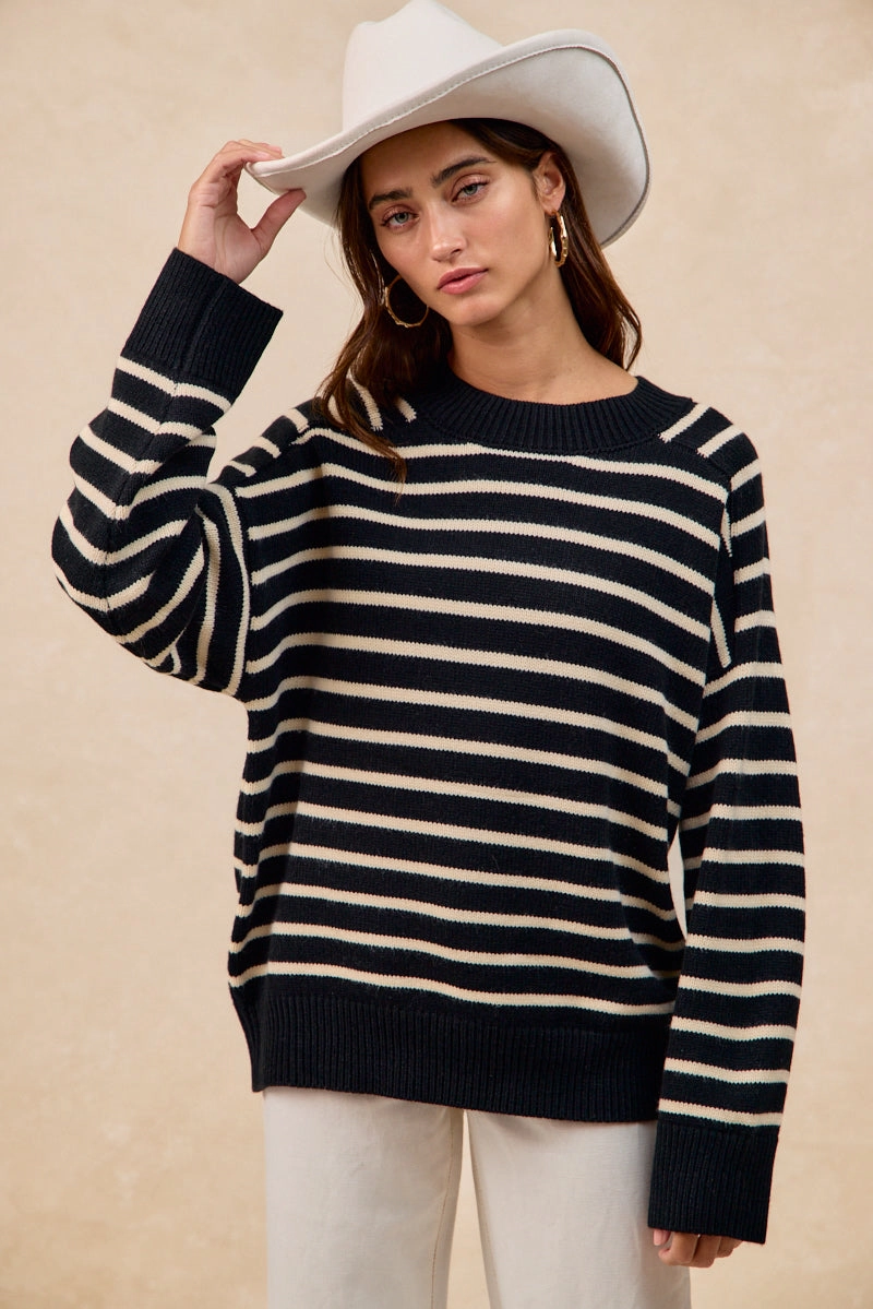 Lace Fine sweet moment IT4864-01 | STRIPED MOCK NECK SWEATER TOP WITH RAGLAN SLEEVES