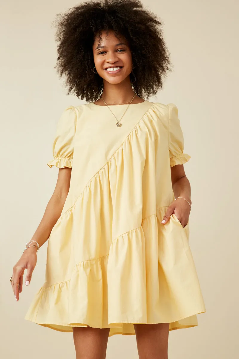 Asymmetric Seam Detail Cinched Cuff Poplin Dress Outdoor Scene Soft Volume