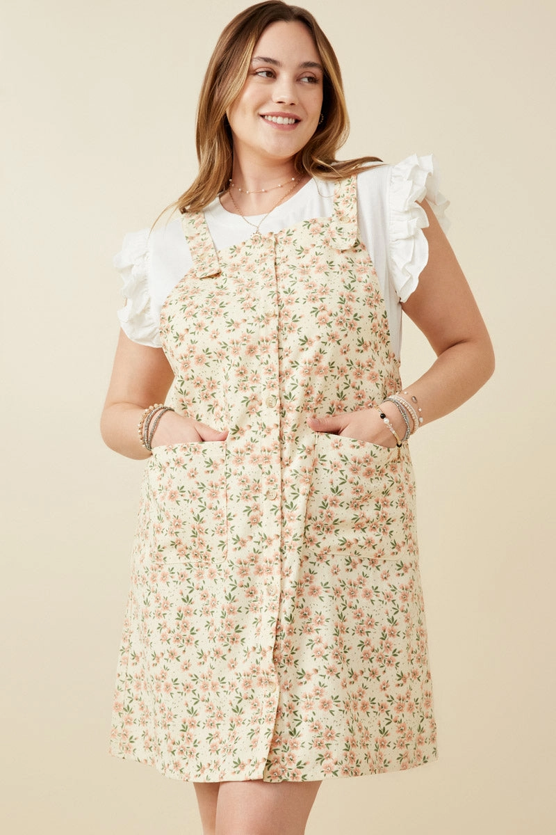 Floral Corduroy Button Detail Tank Dress Smart touch