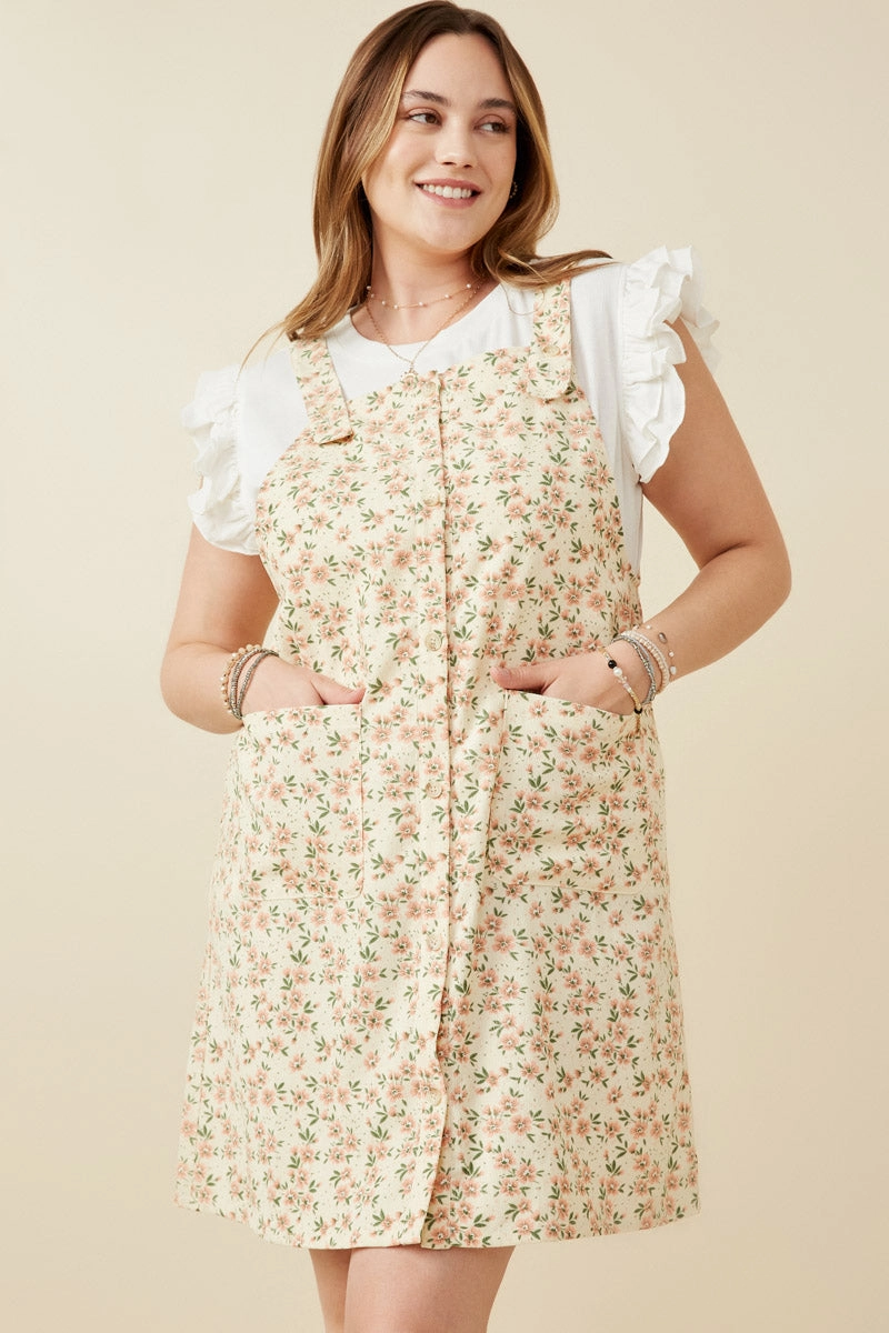 Interchangeable-Detail Clean Style Floral Corduroy Button Detail Tank Dress