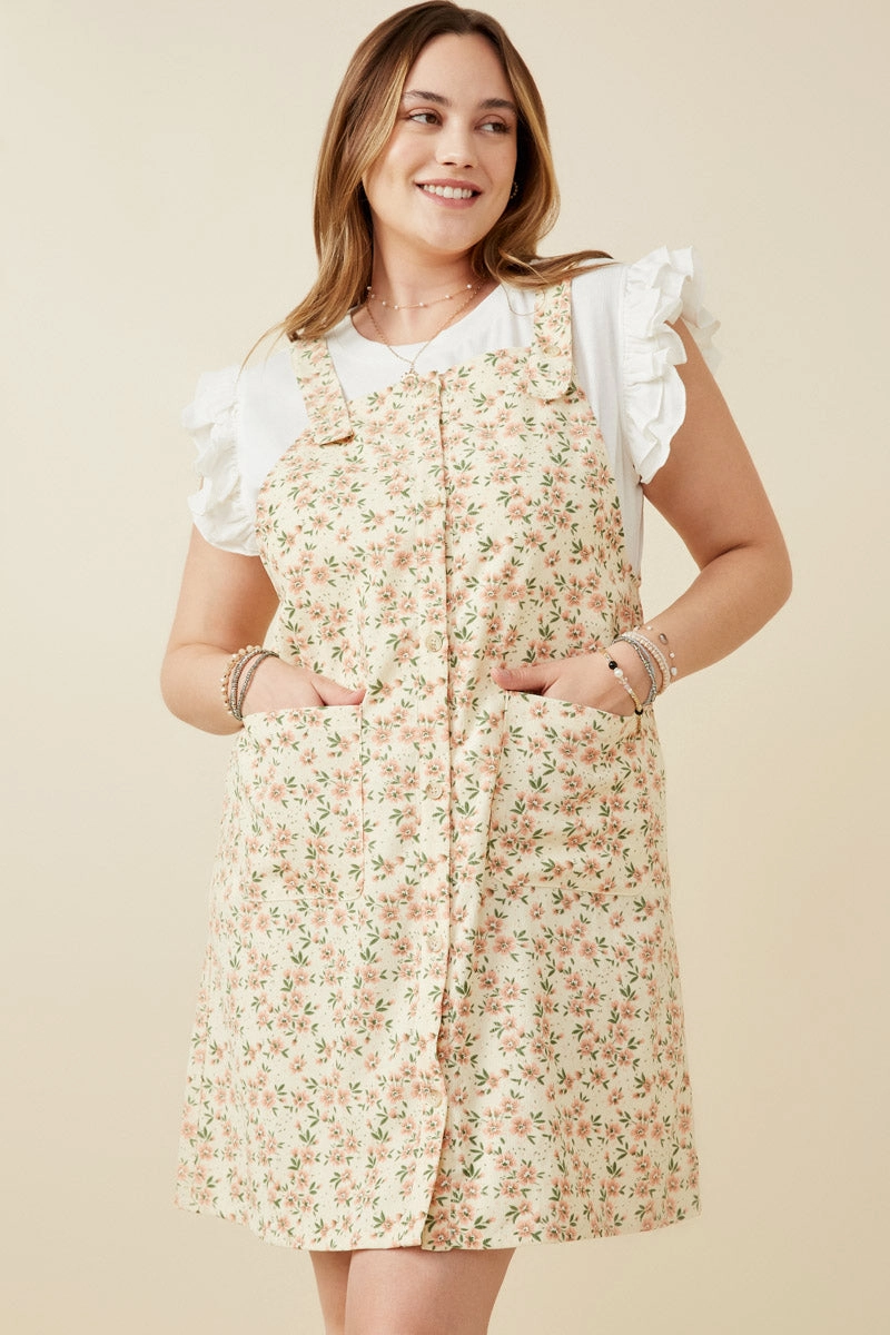 Floral Corduroy Button Detail Tank Dress Stretchable Practical work-to-play piece