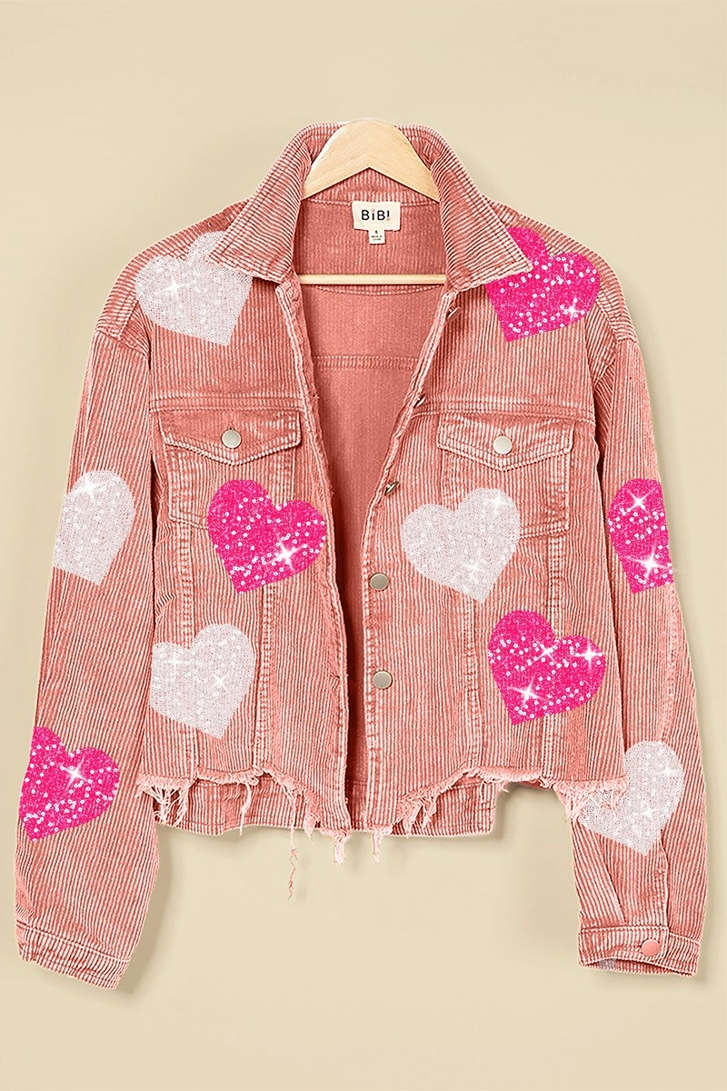 Machine washable Versatile staple IP6187G-27 | SEQUIN HEART PATCHES WASHED CORDUROY JACKET