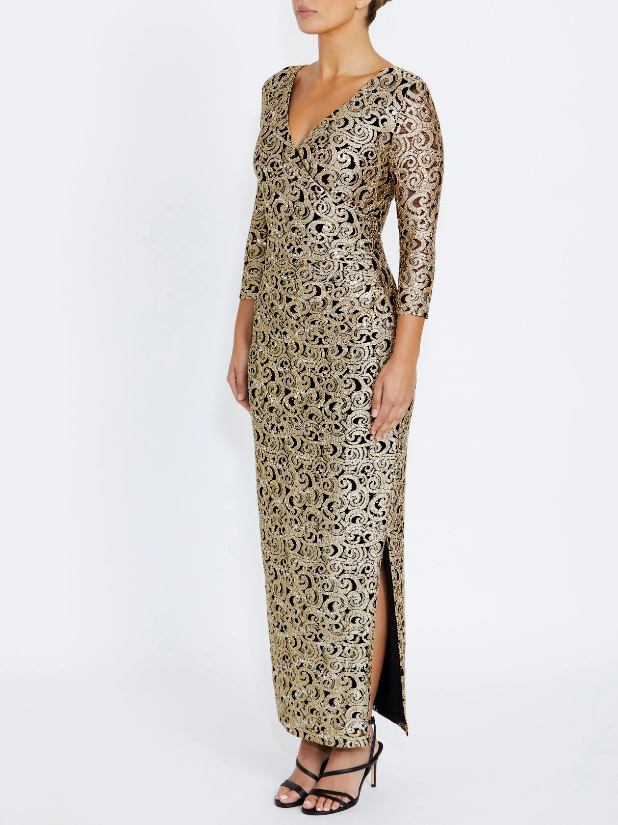 Aurelia Black and Gold Stretch Lace Gown Circle Skirt