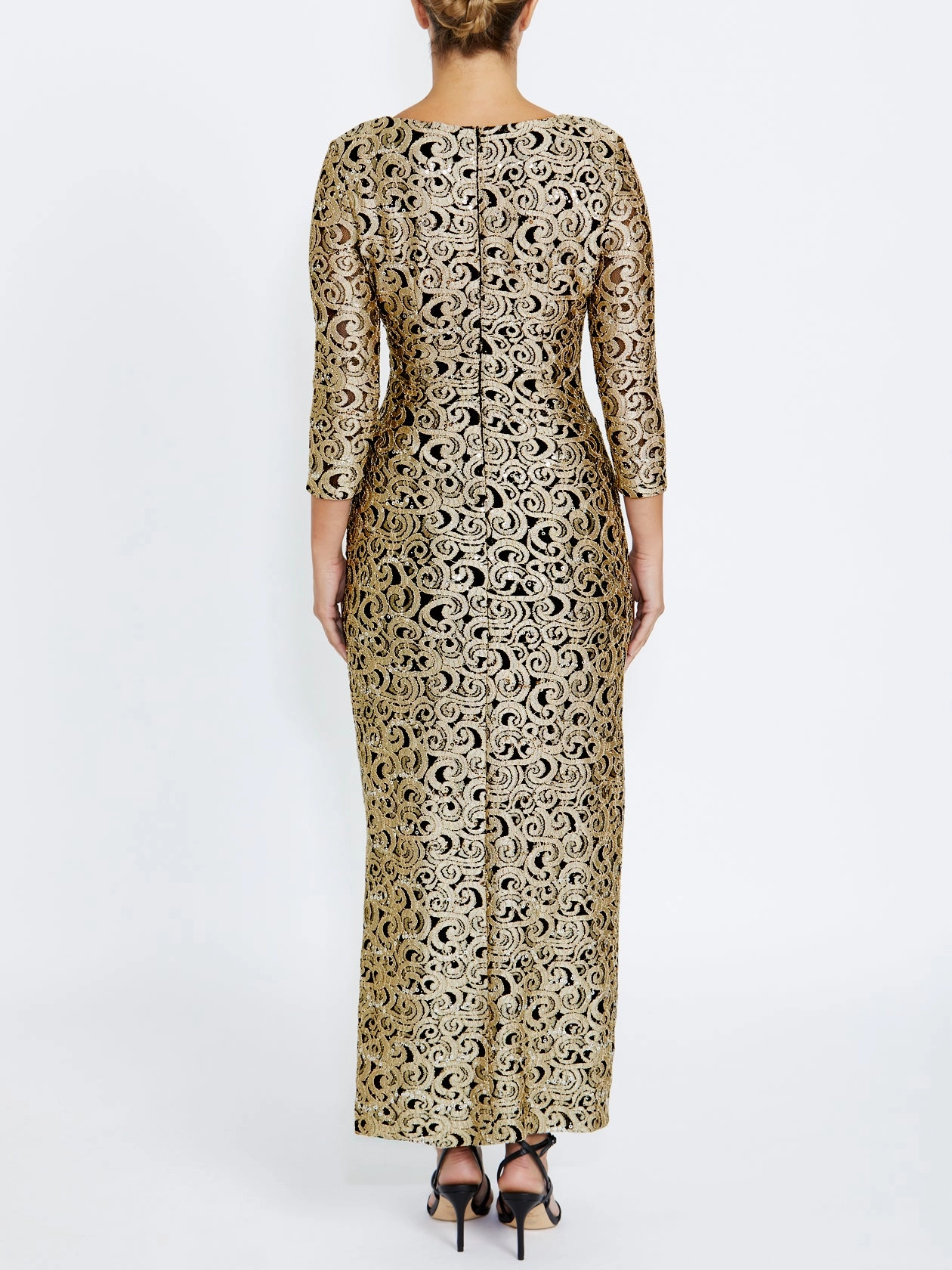 Aurelia Black and Gold Stretch Lace Gown Circle Skirt